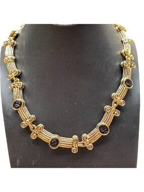 Vintage Roman Coin Statement Runway Gold Tone Column Necklace Black Cameo 17.5"